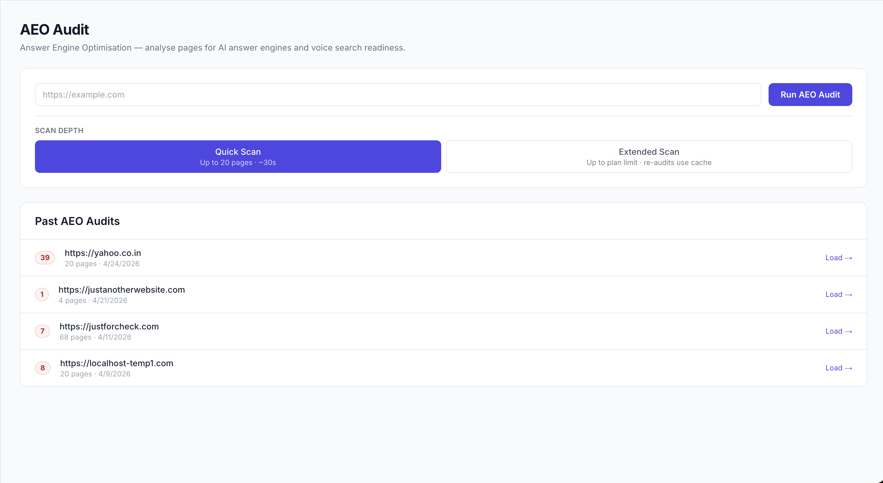 Rankverse AEO Audit showing FAQ schema validation status, a conversational readiness score breakdown, and a list of pages missing question-based headings with per-page recommended fixes.