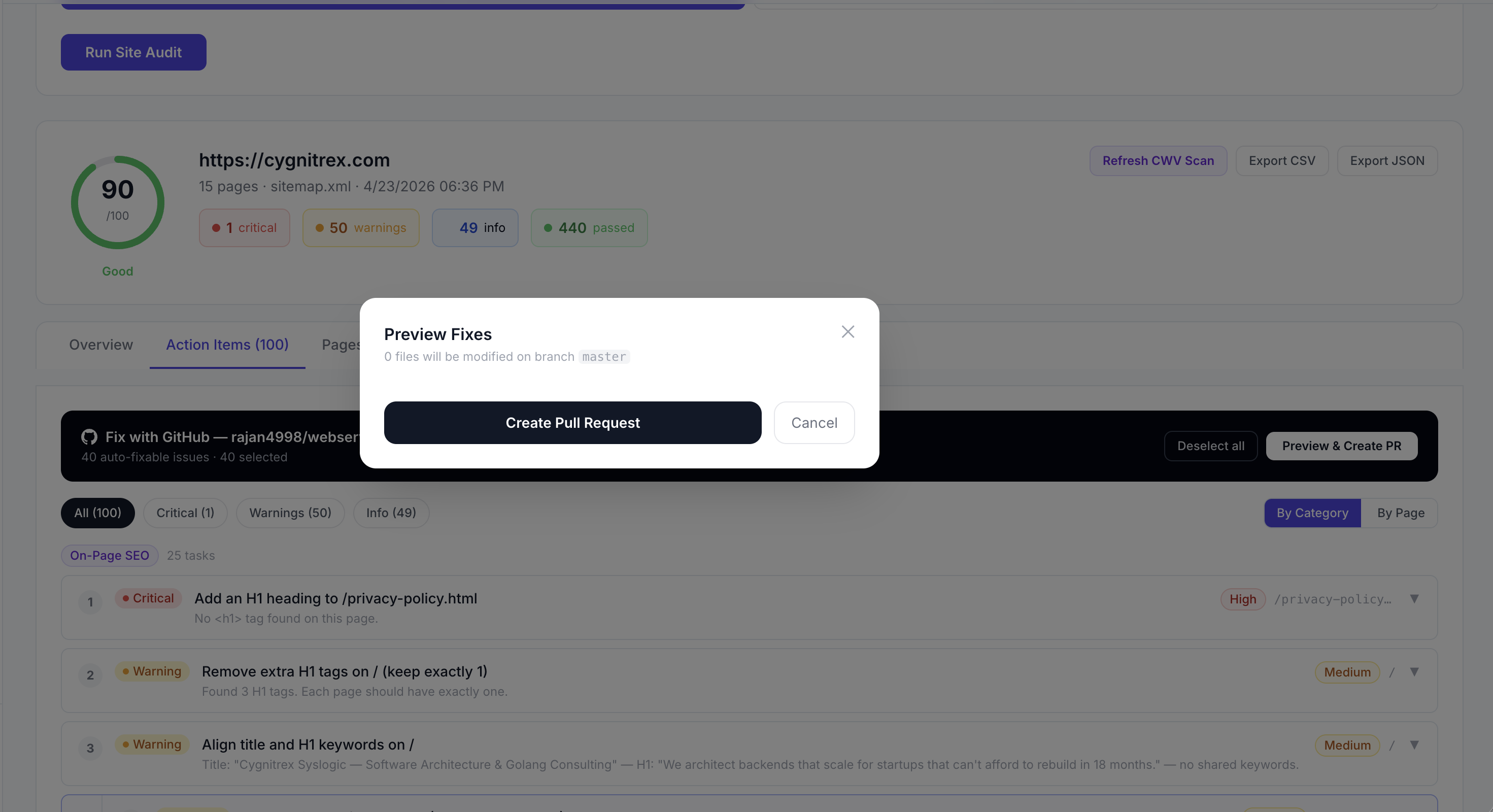 A GitHub Pull Request opened by Rankverse showing file-by-file diffs of meta tag corrections, added FAQPage schema markup, and canonical tag fixes across three source files, with a summary comment listing every issue resolved and its impact score.