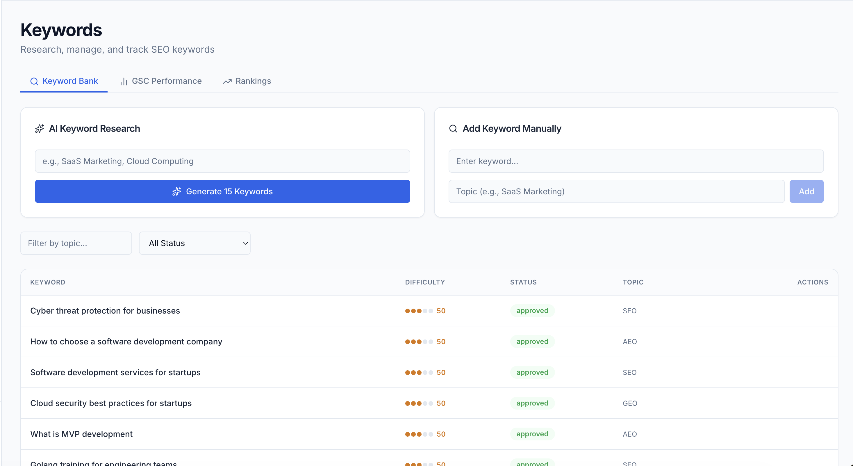 Rankverse Keyword Tracking dashboard showing a table of 20 tracked keywords with current position, 7-day delta badge, monthly search volume, keyword difficulty score, and a mini sparkline position chart per row.