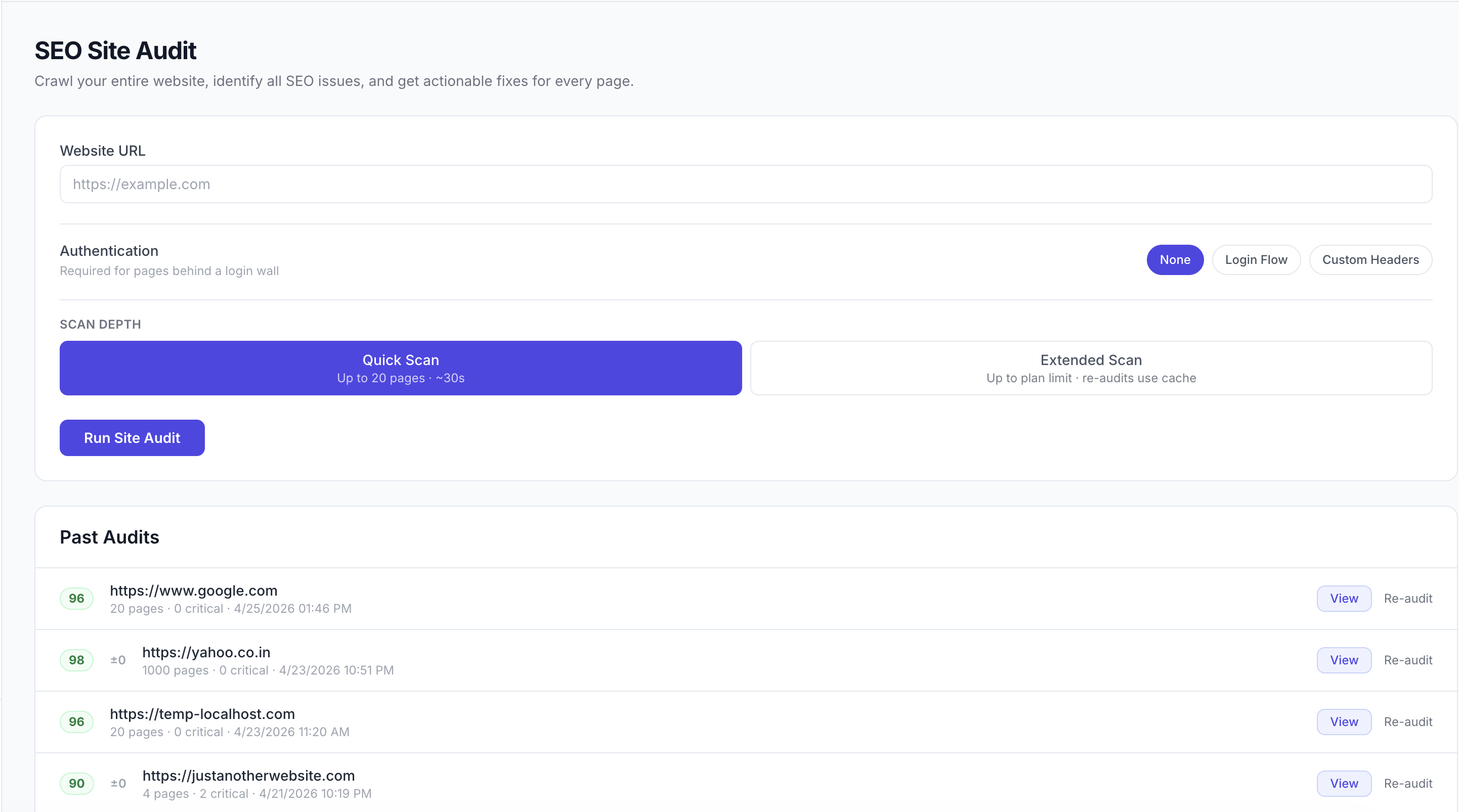 Rankverse SEO Audit dashboard showing a prioritised list of critical issues, warnings, and page-level fixes across Title, Meta, Schema, and Core Web Vitals tabs.
